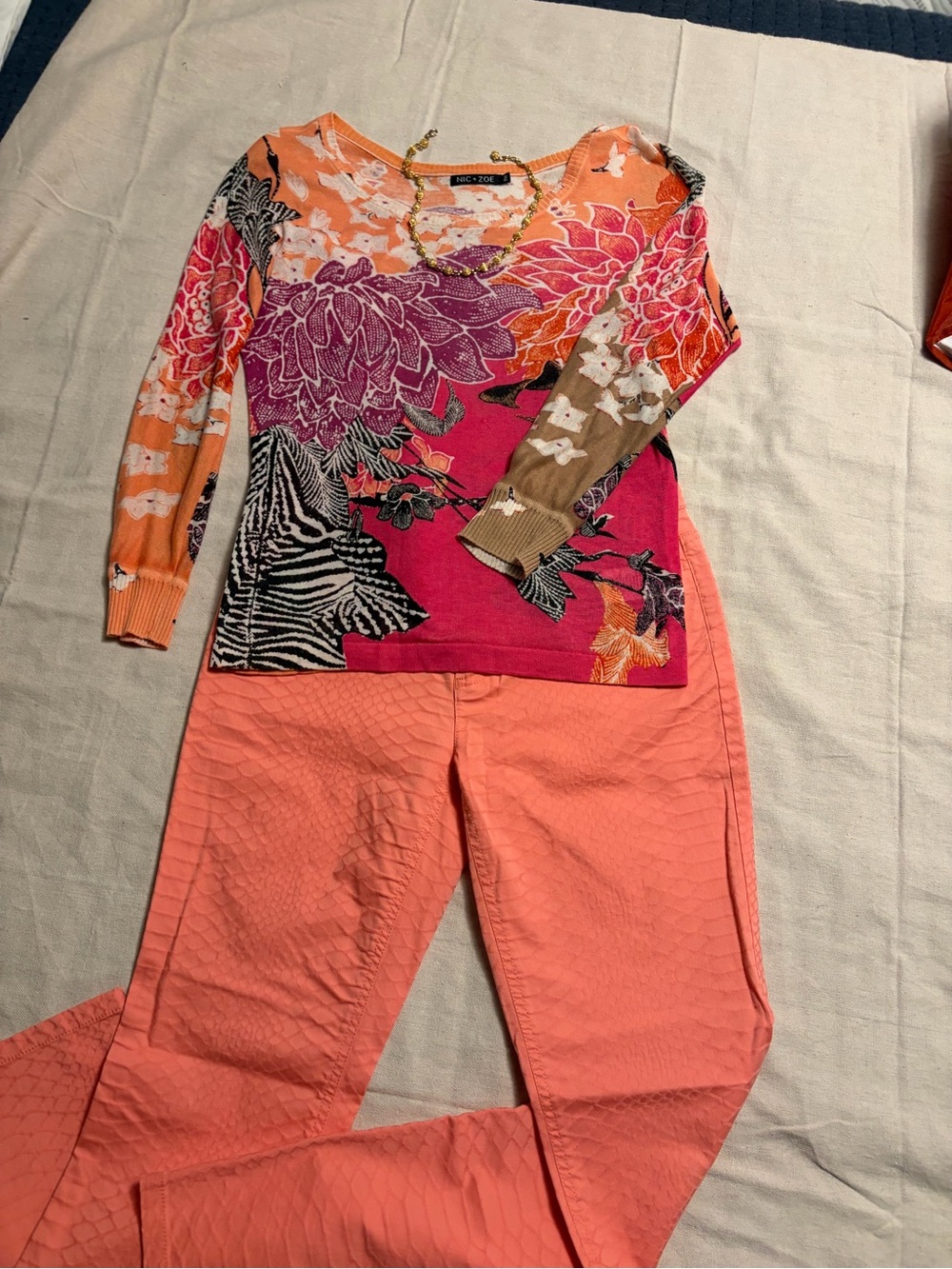 NIC+ZOE Floral Mixed-Color Long Sleeve Top - Pink & Orange - Picture 3 of 6